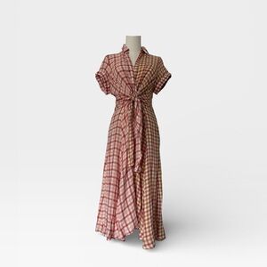 Anthropologie Pilcro Plaid Midi Dress Pink Yellow Tie Waist Size Small NWT